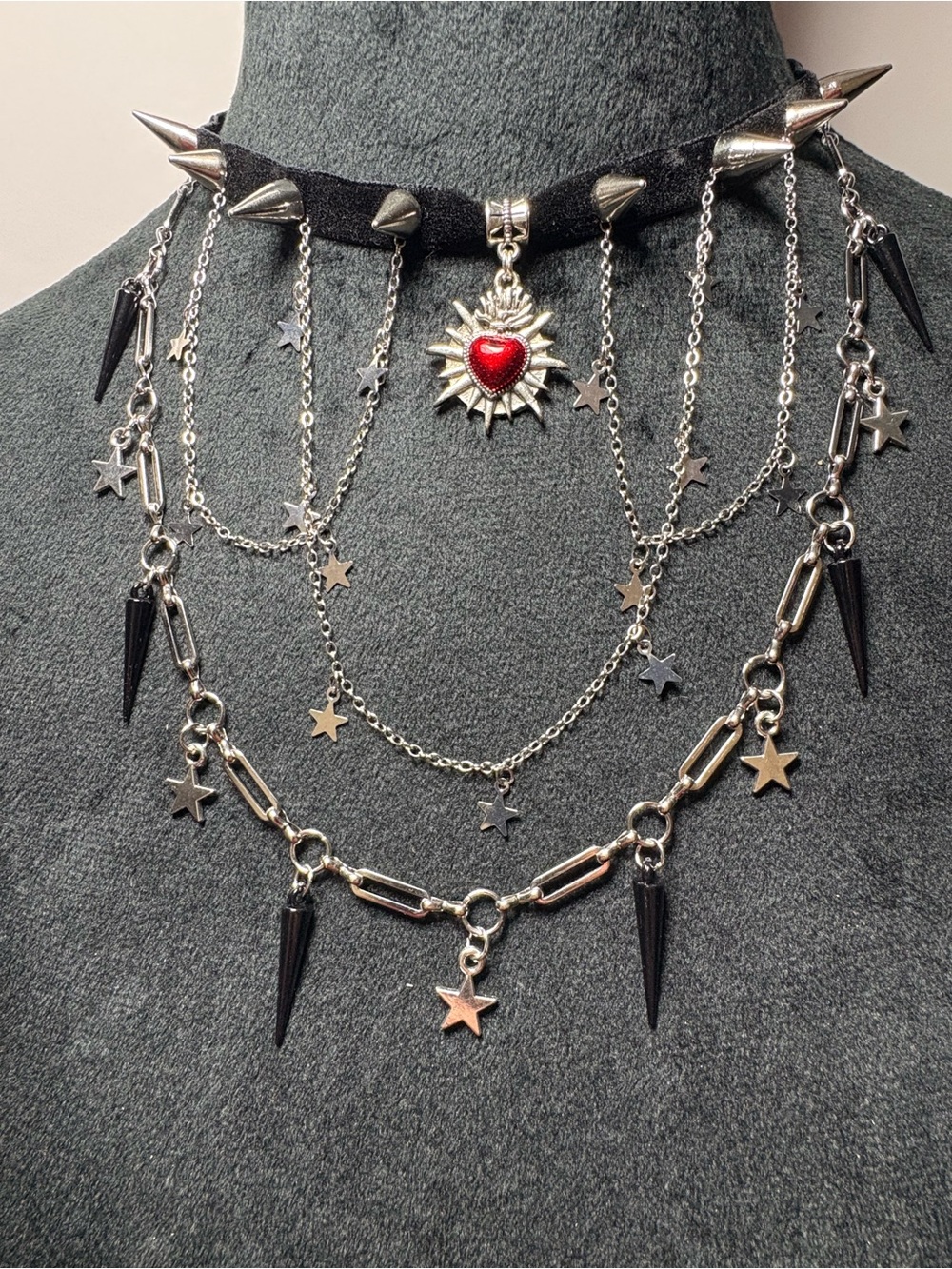 OOAK Gothic punk Multi-Layer Spike & Star Choker Necklace with Red Heart Pendant